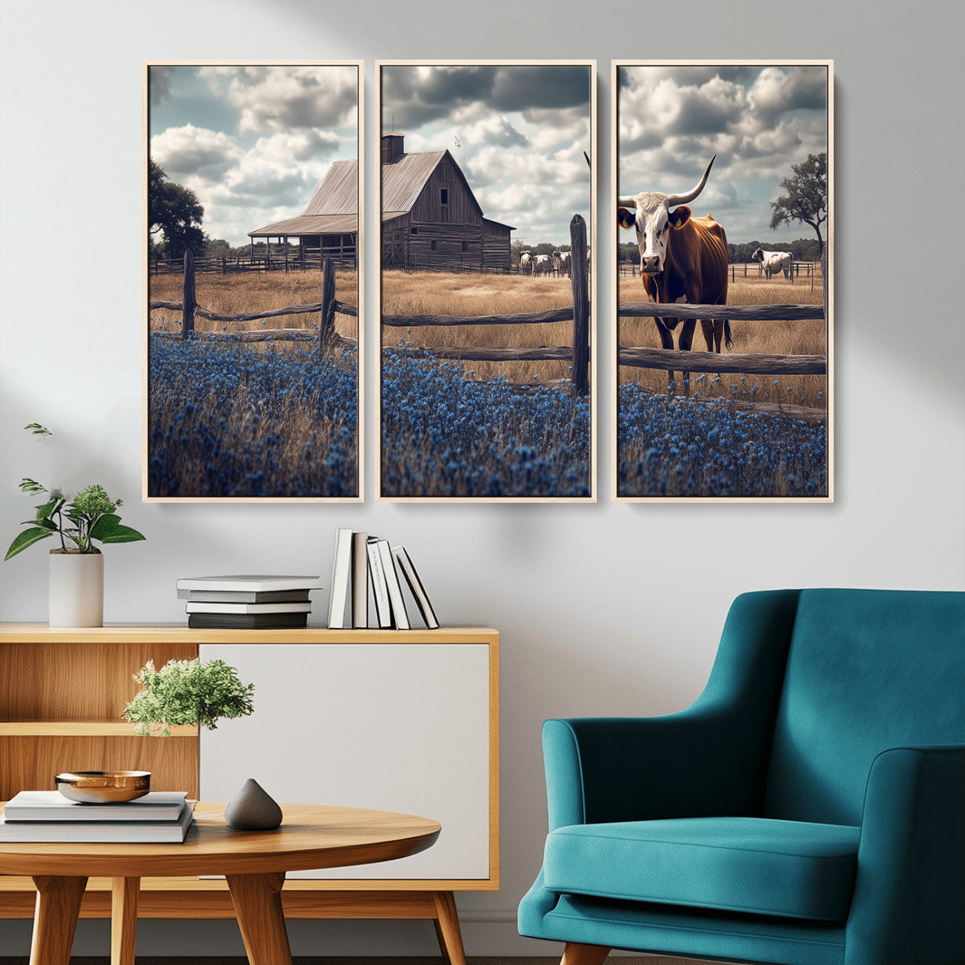 51092814-MGV-CV-36X24-Texas Longhorn Wall Art Wall Art Canvas Print, Framed Rustic Barn Canvas Art Picture Print, Farmhouse Cow Decor Perfect Rustic