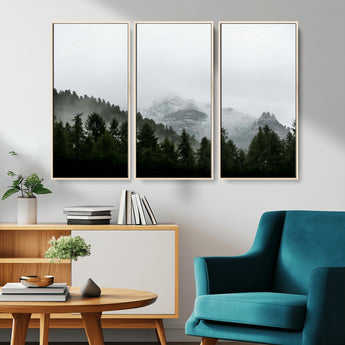 55968349-MGV-CV-36X24-Misty Mountains Wall Art Canvas Print, Framed Foggy Forest Art Picture Print, Snowy Peaks Perfect Moody Wilderness Decor Artwork