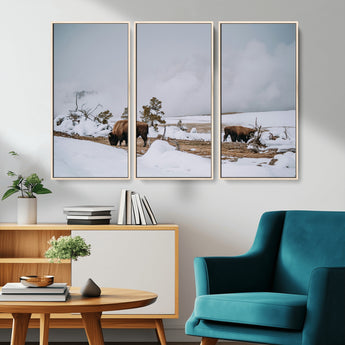 60308289-MGV-CV-36X24-Bison Wildlife Wall Art Canvas Print, Framed Snowy Prairie Art Picture Print, Western Landscape Perfect Rustic Winter Decor