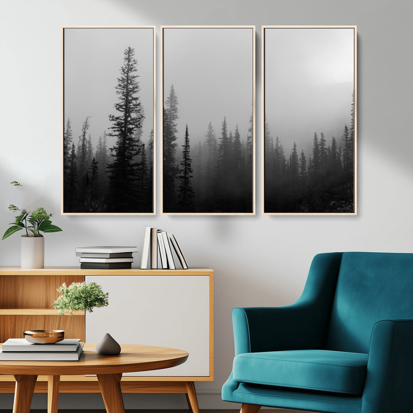 73138900-MGV-CV-36X24-Misty Pines Wall Art Canvas Print, Framed Woodland Photography Art Picture Print, Minimalist Decor Perfect Modern Rustic Decor