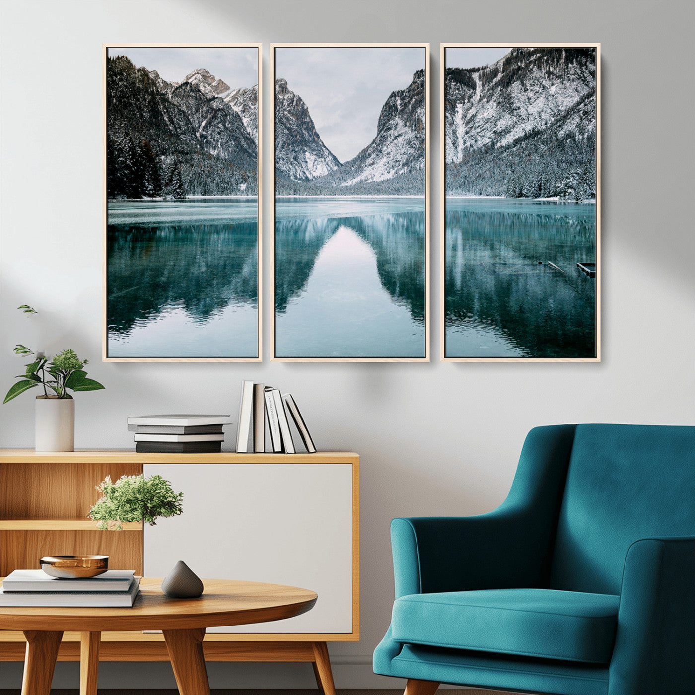 73098373-MGV-CV-36X24-Mountain Lake Wall Art Canvas Print, Framed Winter Wonderland Art Picture Print, Snowy Peaks Perfect Modern Nature Decor Artwork