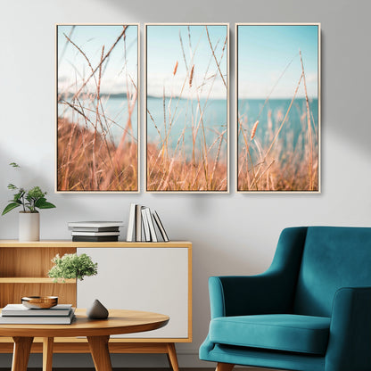 36108696-MGV-FC-48X32-3P_Natural-Coastal Grass Wall Art – Serene Ocean View Canvas Print, Beach Nature Photography Decor for Living Room, Bedroom, Office or Modern