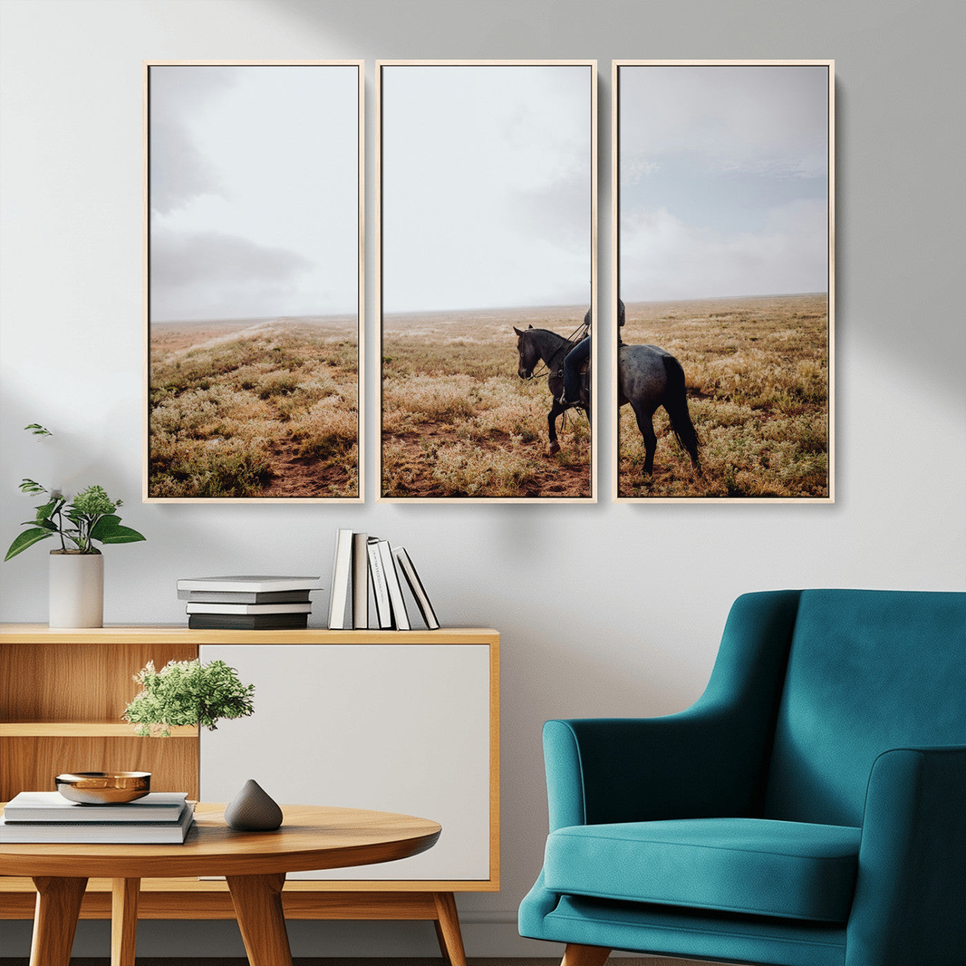 57597730-MGV-FC-48X32-3P_Natural-Cowboy Wall Art Wall Art Canvas Print, Framed Western Canvas Art Picture Print, Rustic Ranch Scene Perfect Rustic Western Decor