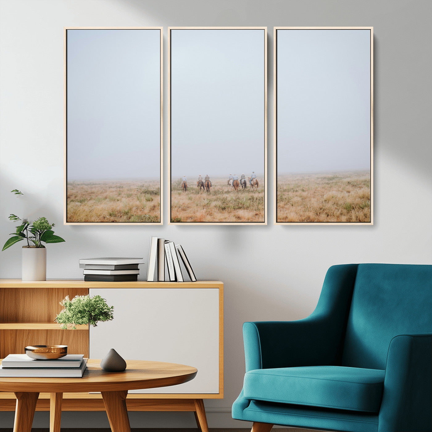 14761944-MGV-CV-36X24-Foggy Plains Wall Art Canvas Print, Framed Horseback Riders Art Picture Print, Rustic Western Perfect Rustic Western Decor Artwork