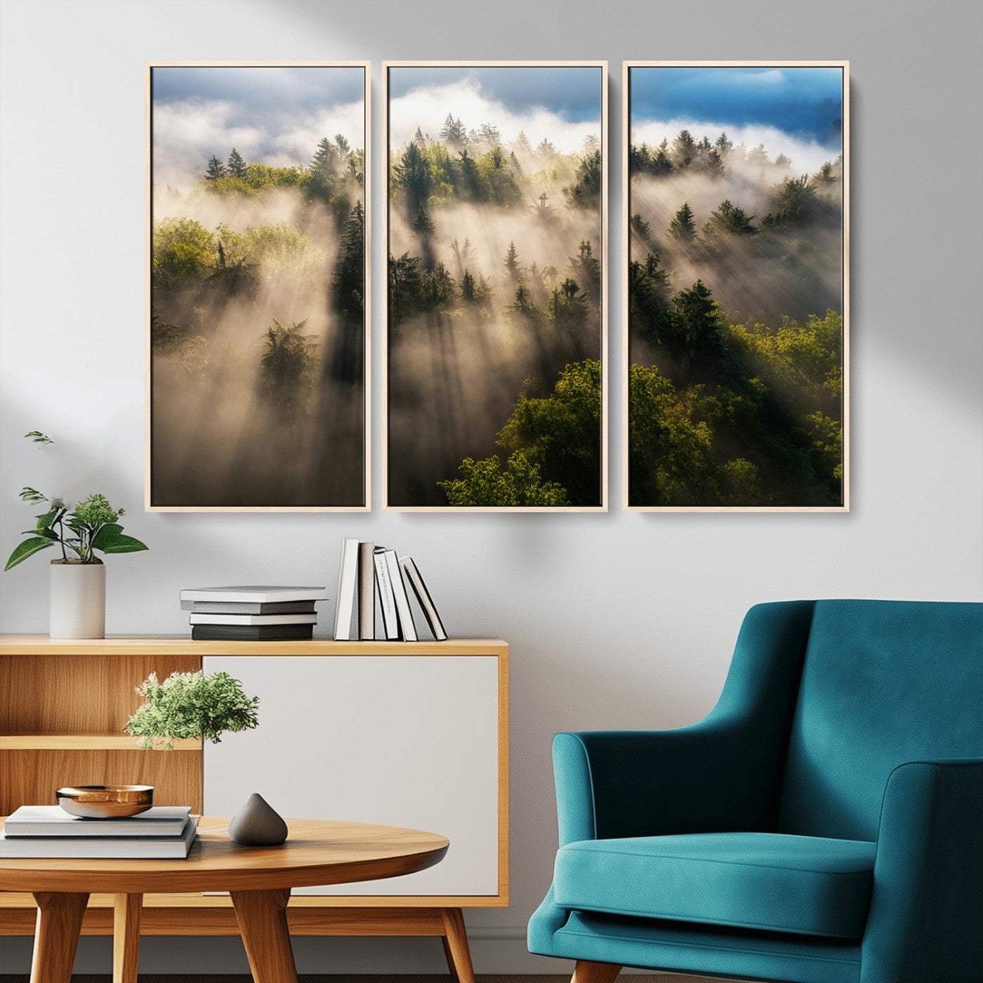 14785710-MGV-CV-36X24-Tranquil Forest Scene Wall Art Canvas Print, Framed Sunbeam Through Trees Art Picture Print, Moody Green Wall Art Perfect