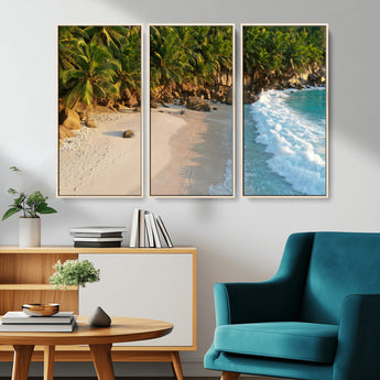 82312665-MGV-FC-48X32-3P_Natural-Tropical Beach Wall Art Canvas Print, Framed Ocean Waves Art Picture Print, Palm Trees Perfect Coastal Minimalist Decor Artwork