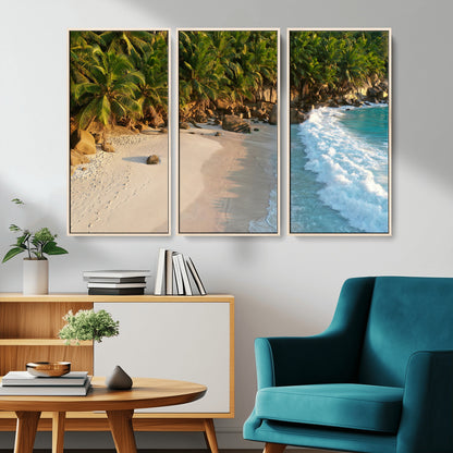 82312665-MGV-FC-48X32-3P_Natural-Tropical Beach Wall Art Canvas Print, Framed Ocean Waves Art Picture Print, Palm Trees Perfect Coastal Minimalist Decor Artwork