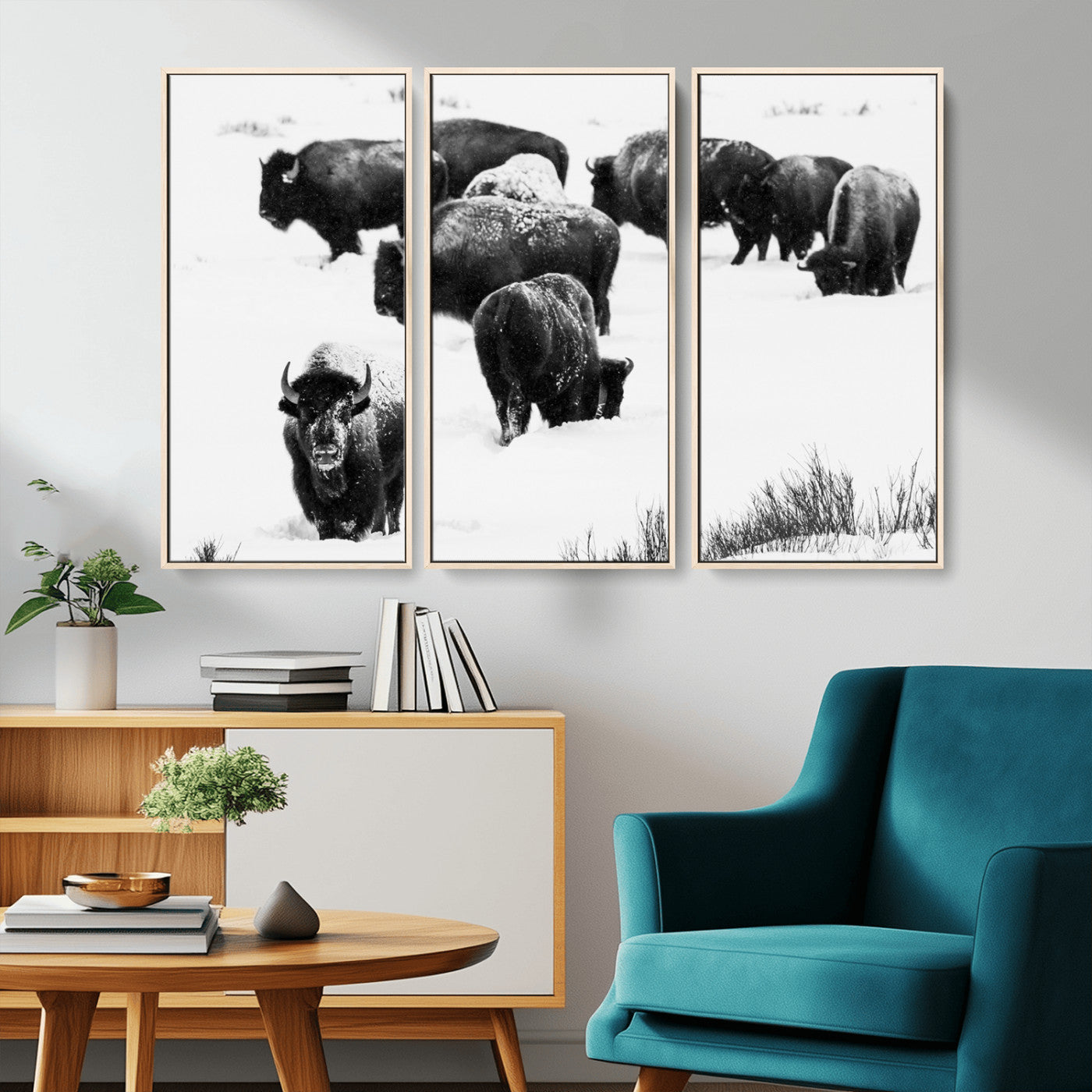 18914414-MGV-CV-36X24-Buffalo Herd Wall Art Canvas Print, Framed Black and White Art Picture Print, Snowy Landscape Perfect Rustic Lodge Decor Decor