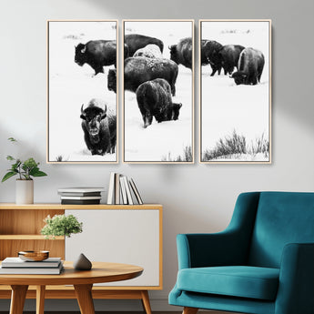 18914414-MGV-CV-36X24-Buffalo Herd Wall Art Canvas Print, Framed Black and White Art Picture Print, Snowy Landscape Perfect Rustic Lodge Decor Decor