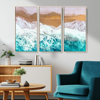 26870666-MGV-CV-36X24-Aerial Beach Wall Art Canvas Print, Framed Ocean Waves Art Picture Print, Coastal Landscape Perfect Coastal Minimalist Decor