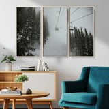 87018452-MGV-FC-48X32-3P_Natural-Ski Lift Wall Art Canvas Print, Framed Snowy Pines Art Picture Print, Misty Landscape Perfect Winter Serenity Decor Artwork