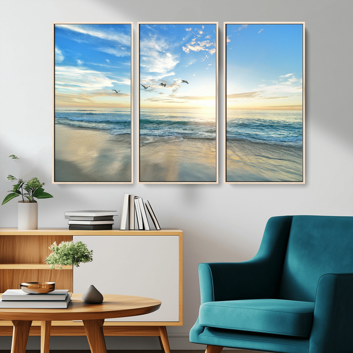 20708696-MGV-FC-48X32-3P_Natural-Minimalist Seaside Wall Art Canvas Print, Framed Morning Glow Art Picture Print, Golden Reflections Perfect Coastal Minimalist