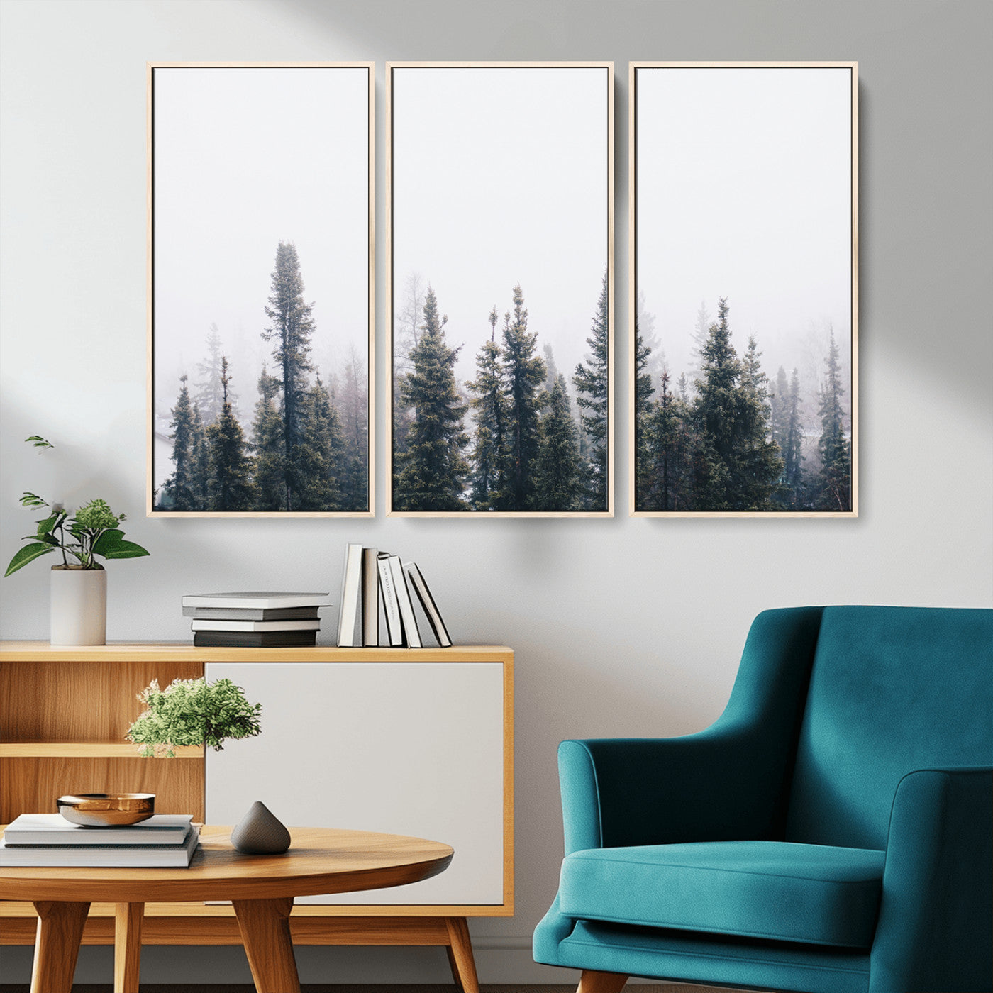 42364796-MGV-CV-36X24-Foggy Forest Wall Art Canvas Print, Framed Misty Pines Art Picture Print, Moody Woodland Perfect Scandinavian Minimalist Decor