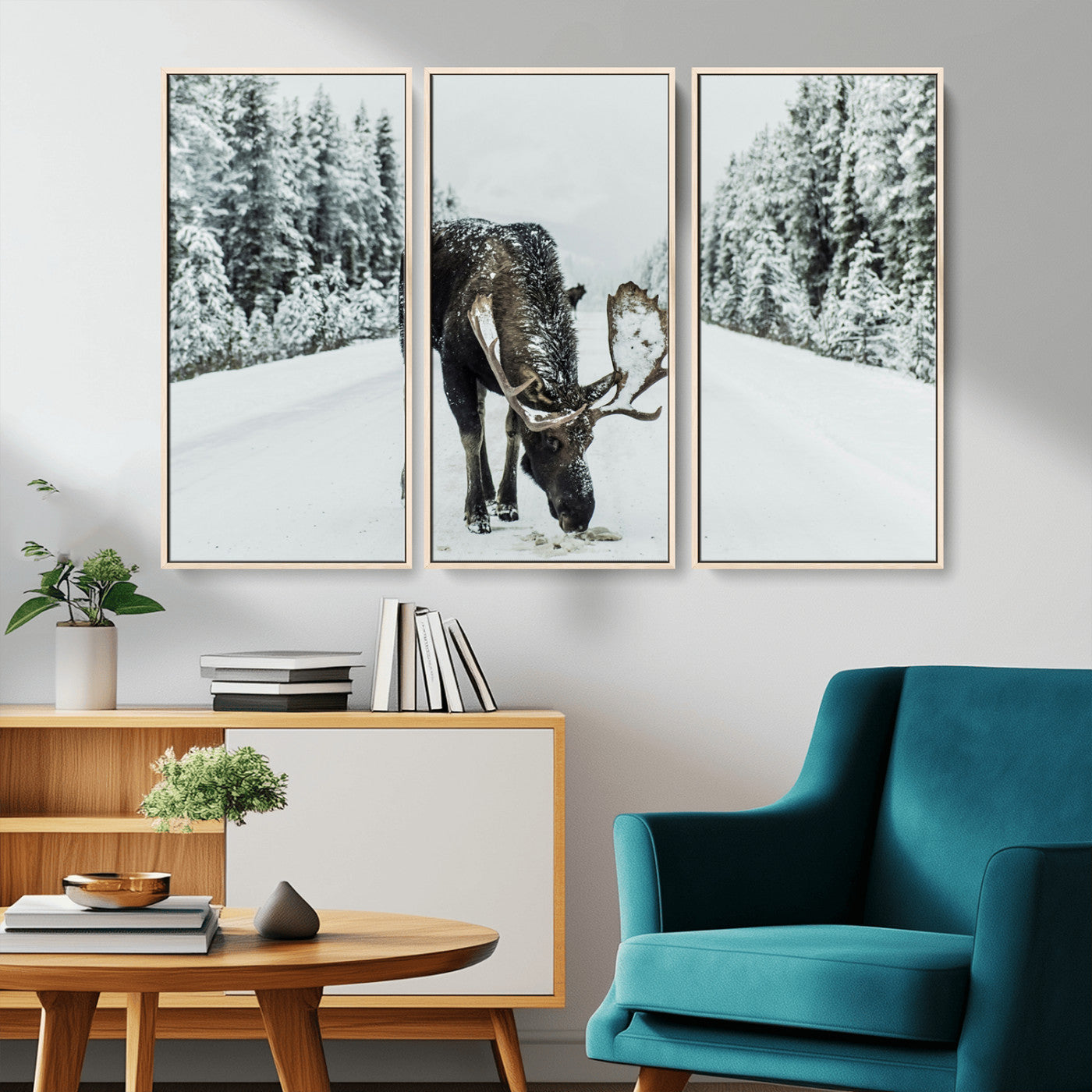 13316292-MGV-CV-36X24-Moose in Snow Wall Art Canvas Print, Framed Winter Wildlife Art Picture Print, Snowy Forest Scene Perfect Rustic Lodge Decor
