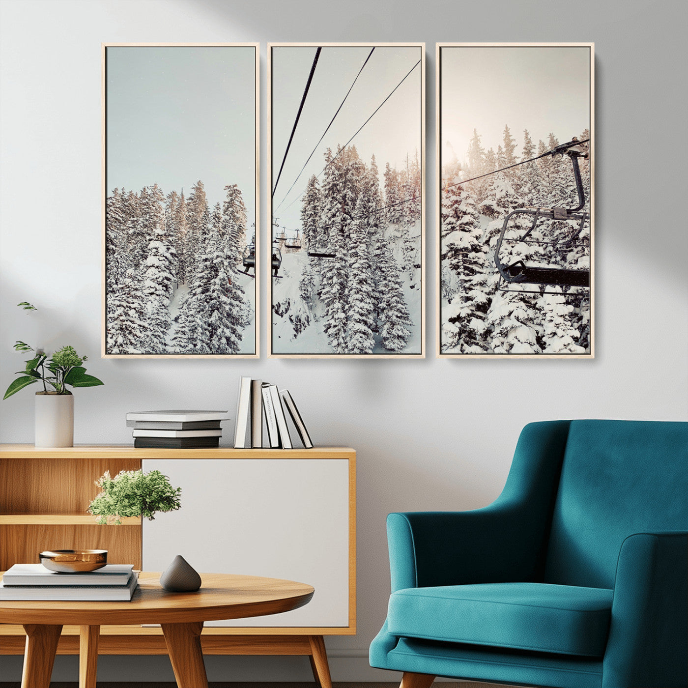 91534512-MGV-CV-36X24-Frosty Pines Wall Art Canvas Print, Framed Cozy Cabin View Art Picture Print, Ski Lift Ride Perfect Rustic Lodge Decor Artwork