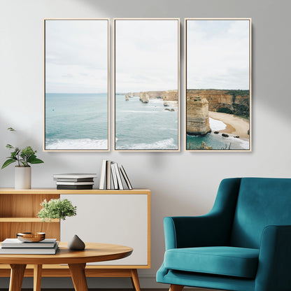 70095633-MGV-FC-48X32-3P_Natural-Twelve Apostles Wall Art Canvas Print, Framed Coastal Cliffs Art Picture Print, Rugged Rock Formations Perfect Minimalist Coastal