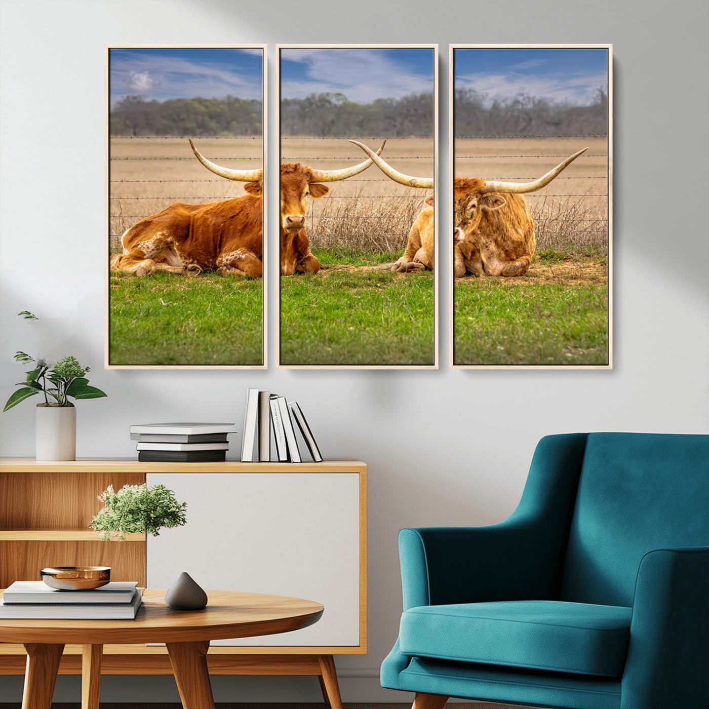 54598515-MGV-CV-36X24-Texas Longhorns Wall Art – Rustic Cattle Ranch Canvas Print, Western Farmhouse Animal Photography Decor for Living Room, Office,
