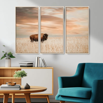 20306324-MGV-CV-36X24-Bison Wall Art – Lone American Buffalo Prairie Sunset Canvas Print, Rustic Western Wildlife Photography Decor for Living Room,