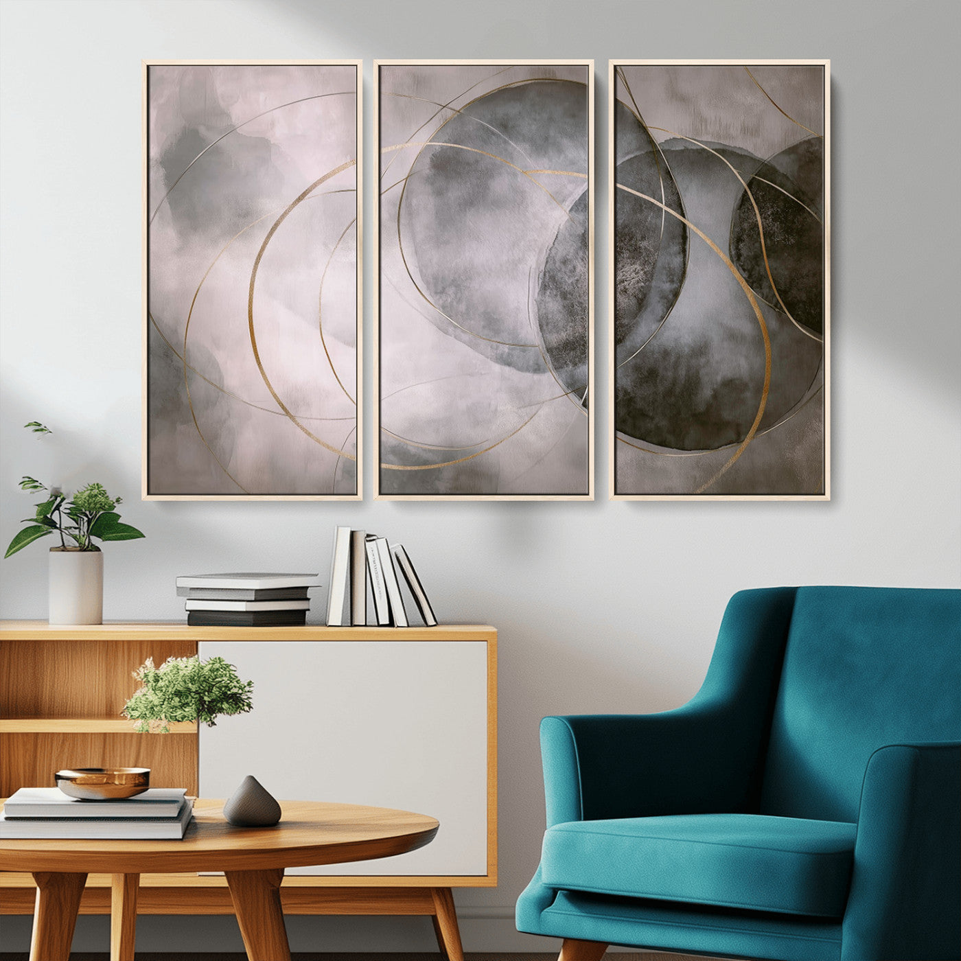 20066876-MGV-CV-36X24-Neutral Abstract Circle Wall Art – Modern Gray Beige Gold Canvas Print, Minimalist Geometric Painting for Bedroom, Living Room,