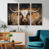 25265572-MGV-CV-36X24-Longhorn Bull Wall Art – Rustic Western Texas Steer Canvas Print, Textured Animal Painting for Home, Office, Man Cave or Farmhouse