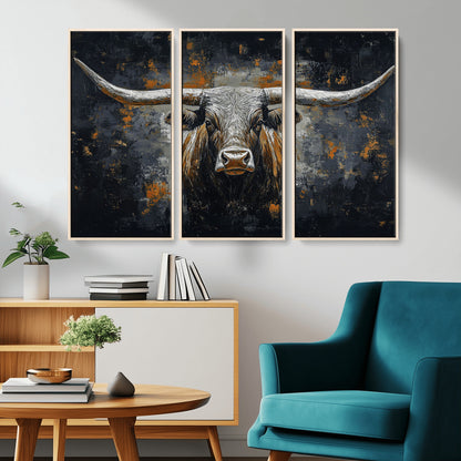 93195031-MGV-CV-36X24-Dark Longhorn Bull Wall Art – Western Steer Canvas Print, Moody Rustic Animal Painting for Man Cave, Ranch House, Office or Modern
