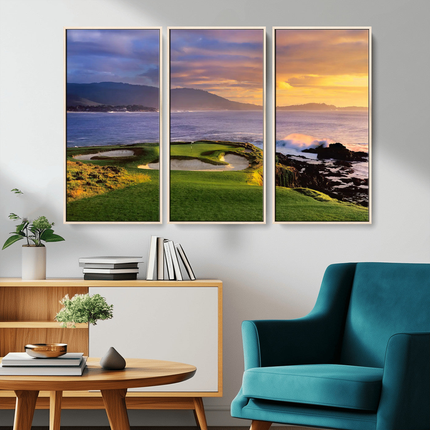 39644075-MGV-CV-36X24-Golf Course Wall Art – Coastal Sunset Canvas Print, Scenic Oceanfront Fairway Landscape Decor for Office, Man Cave, or Living Room