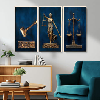 91629053-MGV-CV-36X24-Lady Justice Wall Art – Golden Gavel and Scales Canvas Print, Elegant Legal Office Decor for Lawyers, Judges, Courtroom or Study