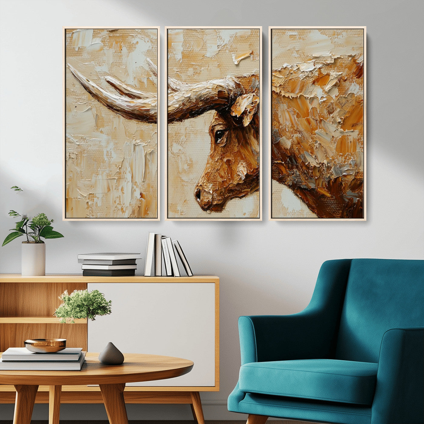 69611428-MGV-CV-36X24-Longhorn Bull Wall Art – Rustic Western Canvas Print, Textured Farmhouse Cattle Painting for Living Room, Office, or Ranch House