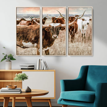 47758300-MGV-CV-36X24-Texas Longhorn Cattle Wall Art – Rustic Western Herd Canvas Print, Cowboy Ranch Farmhouse Decor for Living Room, Office, or