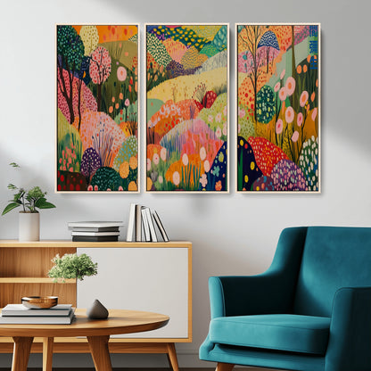 79636380-MGV-CV-36X24-Colorful Abstract Landscape Wall Art – Vibrant Hills and Flowers Canvas Print, Modern Whimsical Artwork for Living Room, Bedroom,