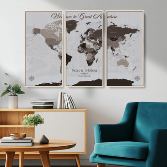 43749658-MGV-CV-36X24-Welcome to Great Adventure World Map Wall Art – Charcoal Gray Canvas Print, Rustic Travel Decor for Living Room, Study, Office or