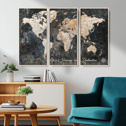 37848568-MGV-CV-36X24-Life is a Journey Not a Destination World Map Rustic Wood Texture Vintage Beige Navy Adventure Wall Art Canvas Print for Home