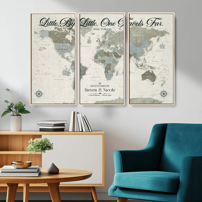 10693204-MGV-CV-36X24-Little By Little One Travels Far Tolkien Quote Blue Green World Map Adventure Wall Art Canvas Print Rustic Wanderlust Travel Decor