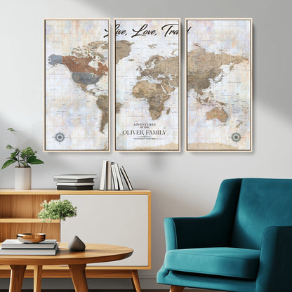 43924907-MGV-CV-36X24-Live Love Travel Wall Art – Neutral World Map Canvas Print, Rustic Adventure Decor for Home, Office or Living Room, Unique Gift