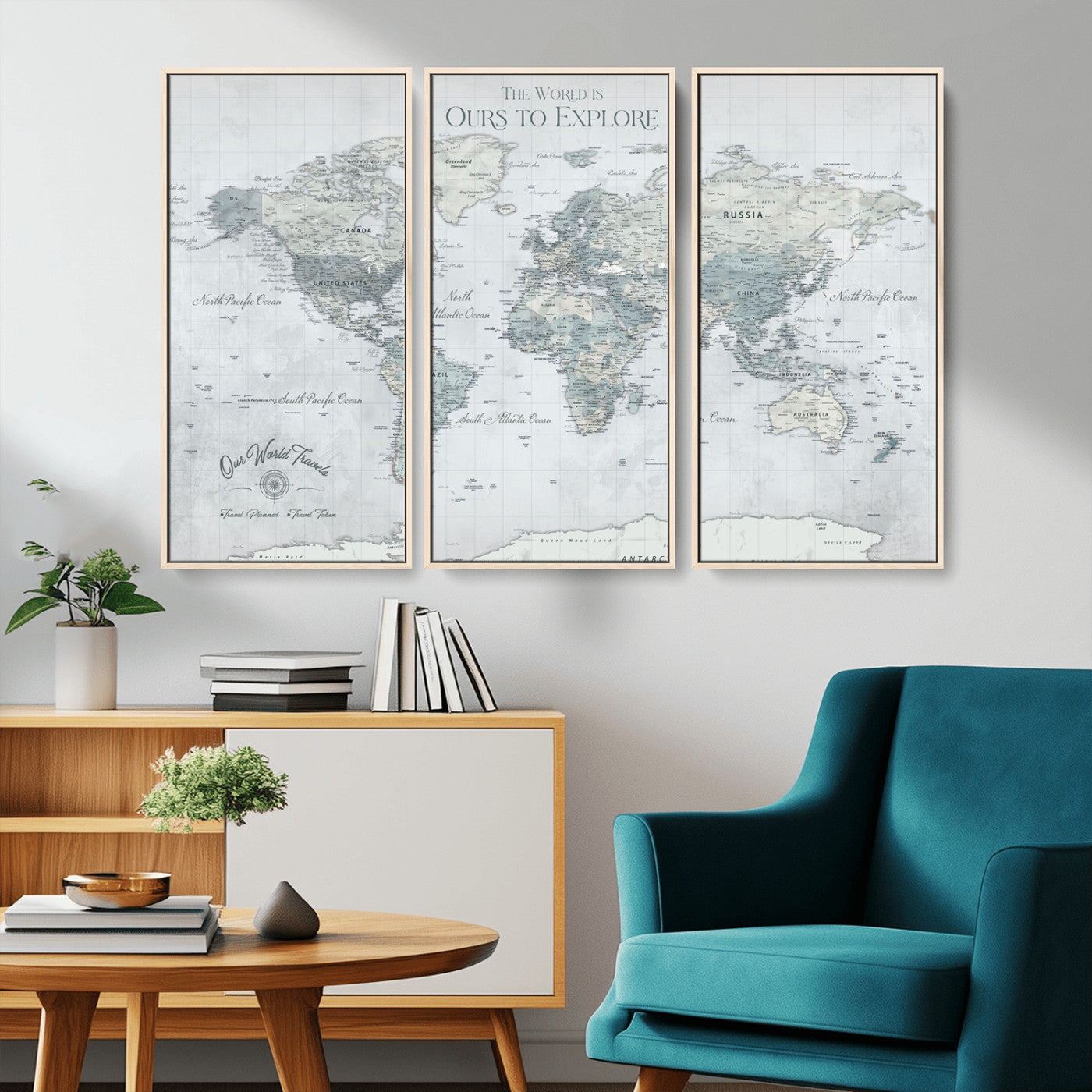 94249974-MGV-CV-36X24-Ours Explore World Map Wall Art – Modern Travel Canvas Print, Neutral Adventure Decor for Living Room, Office, Study, Bedroom,