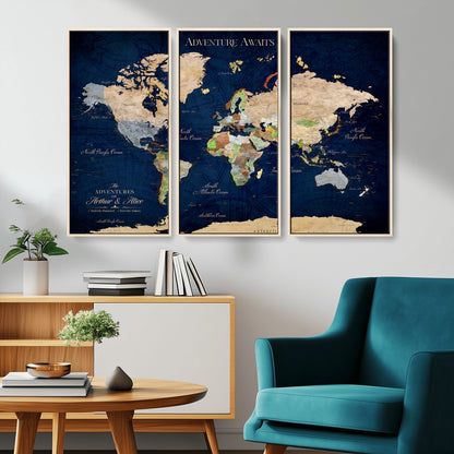 43160428-MGV-CV-36X24-Adventure Awaits Navy Blue World Map – Vibrant Travel Canvas Wall Art, Antique Atlas Print, Wanderlust Decor for Home Office