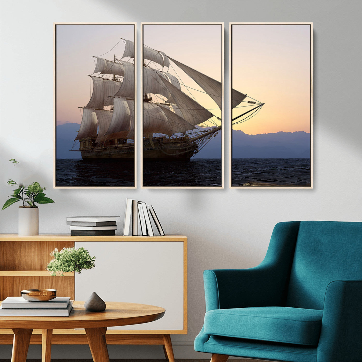 31270610-MGV-CV-36X24-Sailing Ship Wall Art – Sunset Seascape Canvas Print with Tall Ship at Sea, Nautical Ocean Decor for Living Room, Office, or