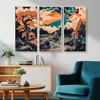 21638941-MGV-CV-36X24-Japanese Landscape Wall Art – Mount Fuji and Flowing River Ukiyo-e Style Canvas Print, Traditional Japan Inspired Artwork for