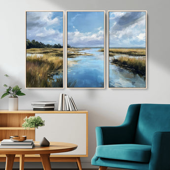87082041-MGV-CV-36X24-Painted Marshland Canvas Wall Art – Serene Water Reflection, Blue Sky, Golden Grass Landscape, Calm Nature Decor for Home, Office,