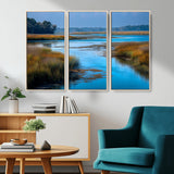 26300004-MGV-CV-36X24-Marshland Landscape Wall Art – Scenic Nature Canvas Print with Golden Grass and Blue Water, Peaceful River Photography for Living