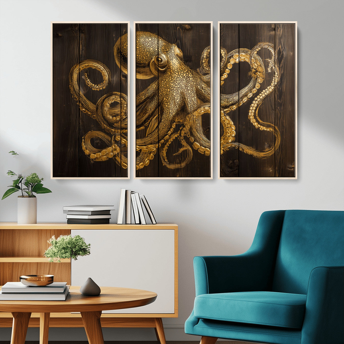 56769669-MGV-CV-36X24-Octopus Wall Art – Gold Nautical Canvas Print with Rustic Wood Panel Design, Detailed Marine Artwork for Coastal Ocean Decoration
