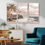 18005328-MGV-CV-36X24-Tropical Beach Canvas Wall Art – Palm Tree, Rocky Shoreline, Ocean Waves, Sunset Clouds, Calm Sea, Island Nature Relaxation for