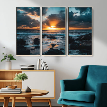 66040852-MGV-CV-36X24-Ocean Sunset Canvas Wall Art – Rocky Shore Waves, Dramatic Clouds, Golden Sun Rays, Coastal Nature, Serene Water Reflection for