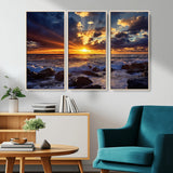35900590-MGV-CV-36X24-Sunset Ocean Waves Canvas Wall Art – Rocky Shore, Dramatic Sky, Golden Sun Rays, Coastal Beauty, Serene Water Motion for Living