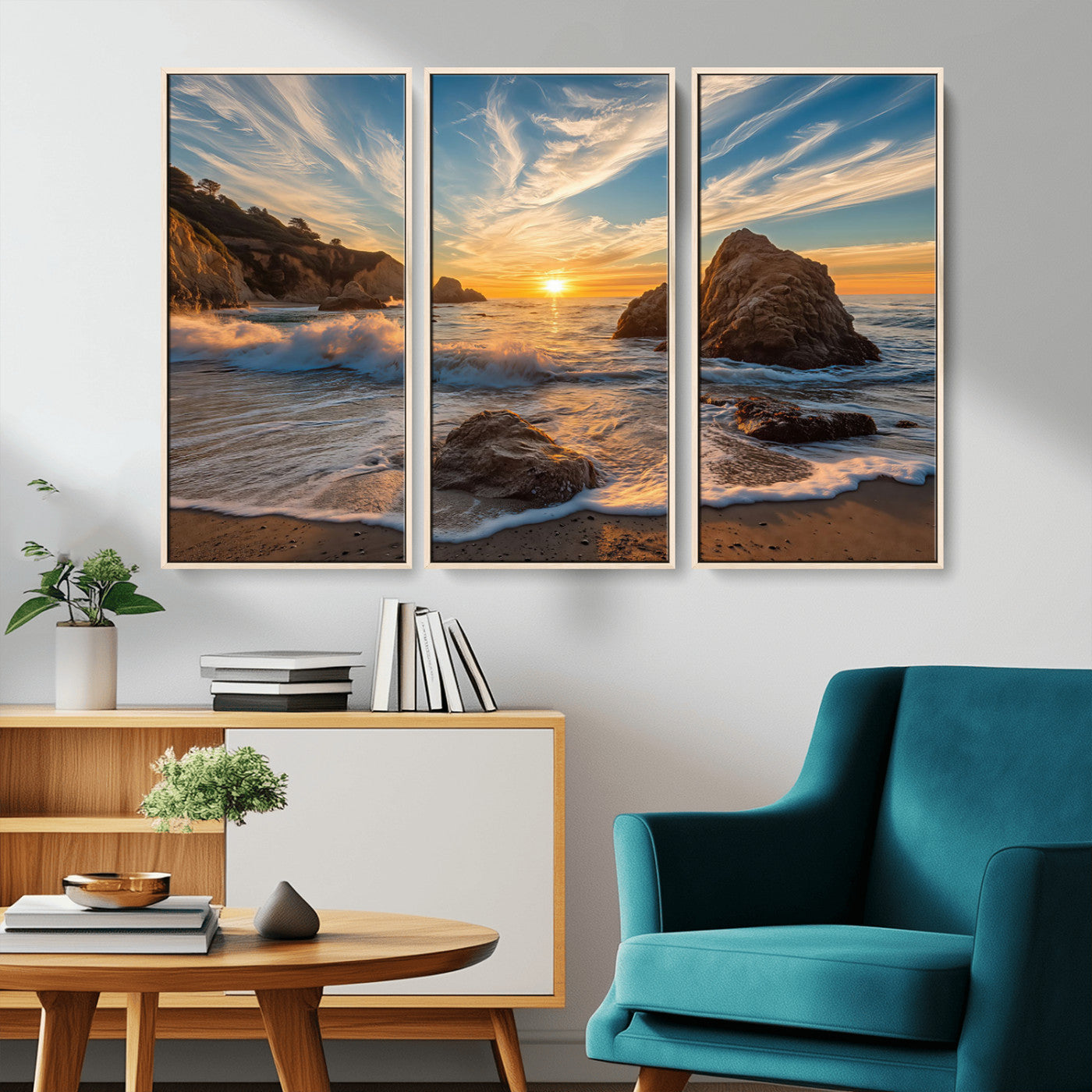 85659923-MGV-CV-36X24-Ocean Sunset Wall Art – Dramatic Seascape Canvas Print with Cliffs, Crashing Waves and Golden Sky, Bold Coastal Photography for