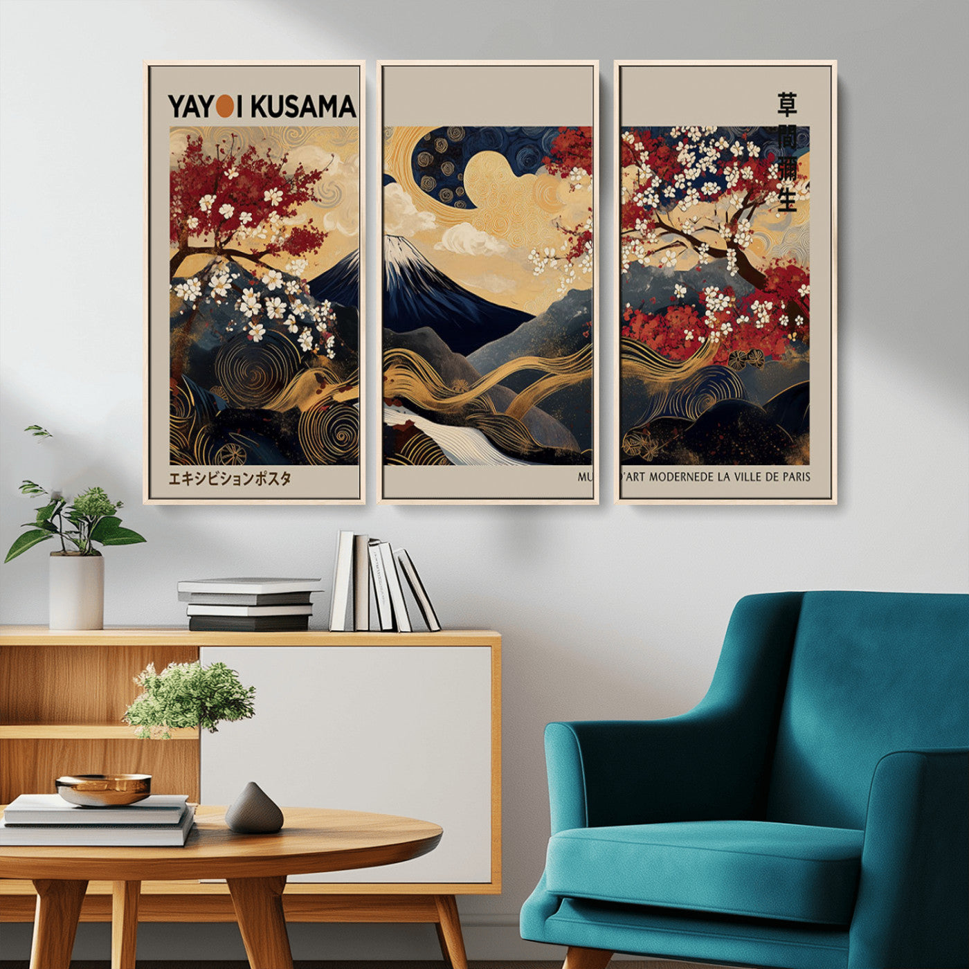 66892669-MGV-CV-36X24-Yayoi Kusama Japanese Inspired Canvas Print – Mt. Fuji & Floral Scene Wall Art, Framed Asian Style Canvas for Home, Office or