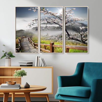 34632598CRY-MGV-CV-36X24-Cherry Blossom Wall Art – Scenic Asian Landscape Canvas Print with Wooden Walkway, Misty Mountains and Sunrise, Serene Nature