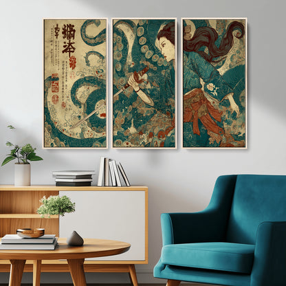 46837670-MGV-CV-36X24-Tsukioka Yoshitoshi Samurai Wall Art Print, Japanese Katana Warrior Canvas Wall Art, Octopus Sea Monster Canvas Print,