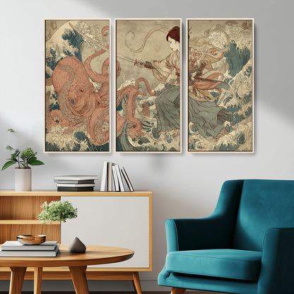 54879547-MGV-CV-36X24-Samurai Woman Wall Art – Japanese Ukiyo-e Style Canvas Print with Katana and Octopus, Traditional Asian Inspired Battle Artwork