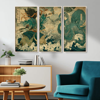 24416422-MGV-CV-36X24-Tsukioka Yoshitoshi Samurai Wall Art Print, Japanese Katana Warrior Canvas Wall Art, Octopus Sea Monster Canvas Print,